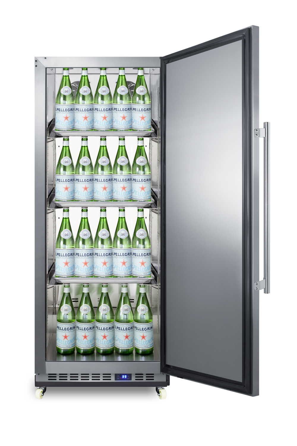 10.1 cu.ft. commercial all-refrigerator with stainless steel interior and exterior, digital thermostat, sheet pans and adjustable tray supports, chrome shelves, lock, automatic defrost operation, and removable dolly